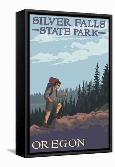 Silver Falls State Park, Oregon - Hiking Scene-Lantern Press-Framed Stretched Canvas