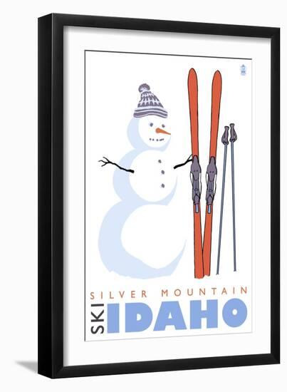 Silver Mountain, Idaho, Snowman with Skis-Lantern Press-Framed Art Print