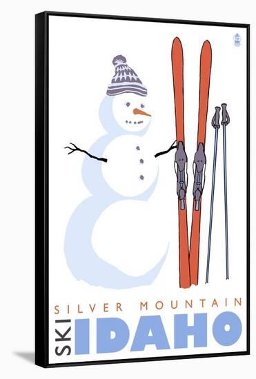 Silver Mountain, Idaho, Snowman with Skis-Lantern Press-Framed Stretched Canvas