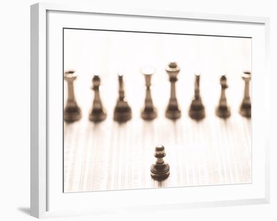Silver Pawn on Newspaper Stock Market Report with Line of Chess Pieces-null-Framed Photographic Print