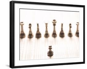 Silver Pawn on Newspaper Stock Market Report with Line of Chess Pieces-null-Framed Photographic Print