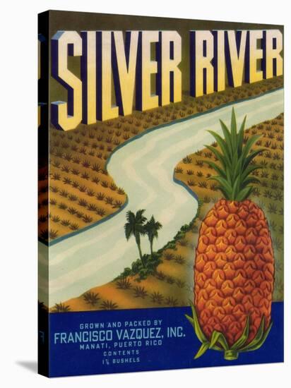 Silver River Pineapple Label - Manati, PR-Lantern Press-Stretched Canvas