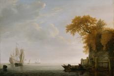 Coastal Scene with Ships Resting on Calm Waters (Oil on Panel)-Simon Jacobsz Vlieger-Giclee Print