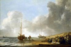 Coastal Scene with Ships Resting on Calm Waters (Oil on Panel)-Simon Jacobsz Vlieger-Giclee Print