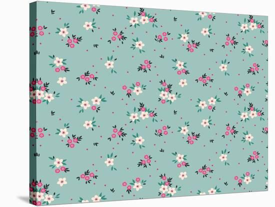 Simple Cute Pattern in Small White and Pink Flowers on Light Blue Background. Liberty Style. Ditsy-Ann and Pen-Stretched Canvas