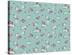 Simple Cute Pattern in Small White and Pink Flowers on Light Blue Background. Liberty Style. Ditsy-Ann and Pen-Stretched Canvas