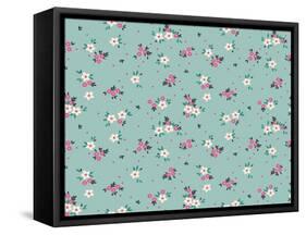 Simple Cute Pattern in Small White and Pink Flowers on Light Blue Background. Liberty Style. Ditsy-Ann and Pen-Framed Stretched Canvas