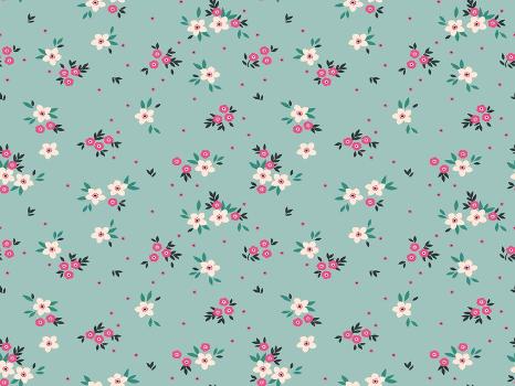 Simple Cute Pattern in Small White and Pink Flowers on Light Blue Background.  Liberty Style. Ditsy' Prints - Ann and Pen 