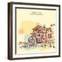 Singapore China Town Drawing. Vintage Travel Postcard or Poster with Hand Lettering-babayuka-Framed Art Print