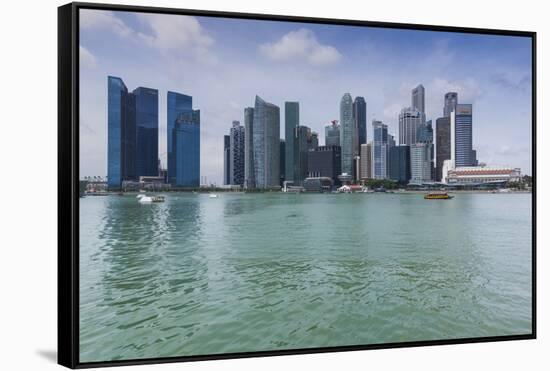 Singapore, City Skyline by the Marina Reservoir-Walter Bibikow-Framed Stretched Canvas