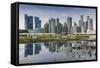 Singapore, City Skyline by the Marina Reservoir-Walter Bibikow-Framed Stretched Canvas