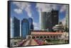 Singapore, City Skyline by the Marina Reservoir-Walter Bibikow-Framed Stretched Canvas