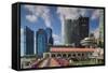 Singapore, City Skyline by the Marina Reservoir-Walter Bibikow-Framed Stretched Canvas