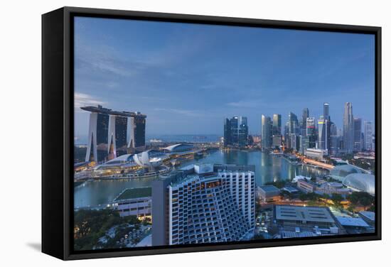 Singapore, City Skyline Elevated View Above the Marina Reservoir, Dawn-Walter Bibikow-Framed Stretched Canvas