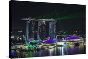 Singapore, Elevated View of the City with Evening Laser Show-Walter Bibikow-Stretched Canvas