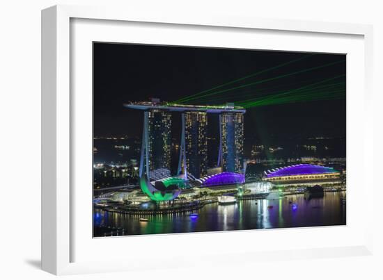 Singapore, Elevated View of the City with Evening Laser Show-Walter Bibikow-Framed Photographic Print