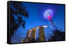 Singapore, Gardens by the Bay, Super Tree Grove and Marina Bay Sands Hotel, Dusk-Walter Bibikow-Framed Stretched Canvas