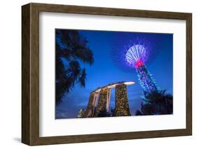 Singapore, Gardens by the Bay, Super Tree Grove and Marina Bay Sands Hotel, Dusk-Walter Bibikow-Framed Photographic Print