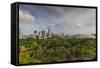 Singapore, Gardens by the Bay, Super Tree Grove, Elevated Walkway View with Singapore Skyline-Walter Bibikow-Framed Stretched Canvas