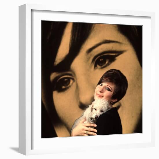 Singer and Actress Barbra Streisand Holding Small Dog in Her Arms-Bill Eppridge-Framed Premium Photographic Print