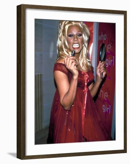 Singer Drag Queen Rupaul Wearing Red Teddy While Checking Lipstick at Event-Dave Allocca-Framed Premium Photographic Print