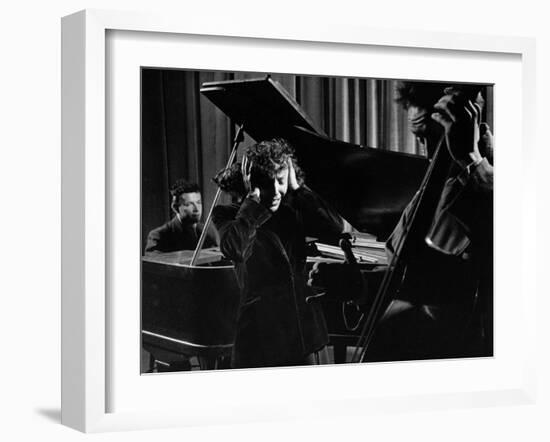 Singer Edith Piaf Holding Her Hands to Her Head While Performing with Pianist and Bass Player-Gjon Mili-Framed Premium Photographic Print