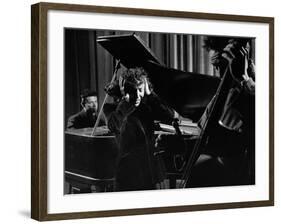 Singer Edith Piaf Holding Her Hands to Her Head While Performing with Pianist and Bass Player-Gjon Mili-Framed Premium Photographic Print