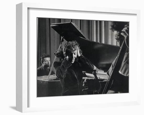 Singer Edith Piaf Holding Her Hands to Her Head While Performing with Pianist and Bass Player-Gjon Mili-Framed Premium Photographic Print