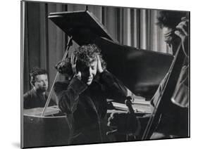 Singer Edith Piaf Holding Her Hands to Her Head While Performing with Pianist and Bass Player-Gjon Mili-Mounted Premium Photographic Print