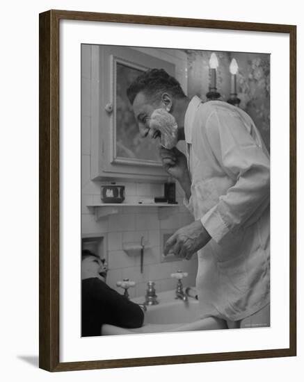 Singer Ezio Pinza, at Home with His Son, Singing and Shaving in the Bathroom-Nina Leen-Framed Premium Photographic Print