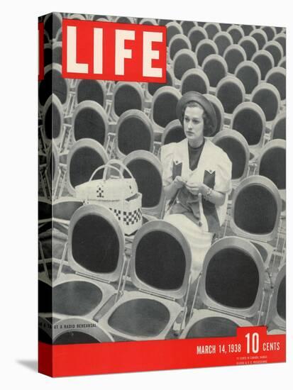 Singer Jane Froman Knitting Among Empty Seats at Radio Rehearsal in NBC's Studio, March 14, 1938-Alfred Eisenstaedt-Stretched Canvas