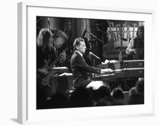 Singer Jerry Lee Lewis Performing at Party for Film "Great Balls of Fire," Based on His Life Story-David Mcgough-Framed Premium Photographic Print