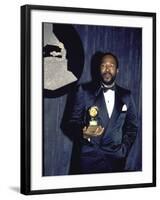 Singer Marvin Gaye Holding His Award in Press Room at Grammy Awards-null-Framed Premium Photographic Print