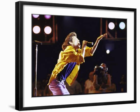 Singer Mick Jagger of the Rock Band the Rolling Stones Performing at Live Aid Concert-David Mcgough-Framed Premium Photographic Print