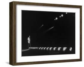 Singer Pat Boone Singing into Mike in Front of the Footlights on Stage in Auditorium-null-Framed Photographic Print