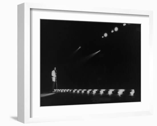 Singer Pat Boone Singing into Mike in Front of the Footlights on Stage in Auditorium-null-Framed Photographic Print