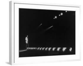 Singer Pat Boone Singing into Mike in Front of the Footlights on Stage in Auditorium-null-Framed Photographic Print
