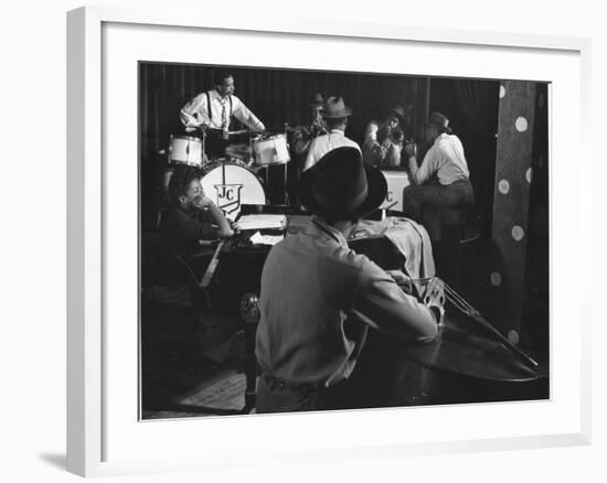 Singer Sarah Vaughn Sitting at Piano While the J. C. Heard Orchestra Plays During Rehearsal-Gjon Mili-Framed Premium Photographic Print