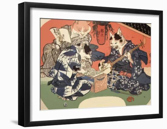 Singing Kimono Cats with Shamisen-Daisuke Yamashina-Framed Art Print