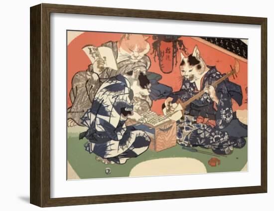 Singing Kimono Cats with Shamisen-Daisuke Yamashina-Framed Art Print