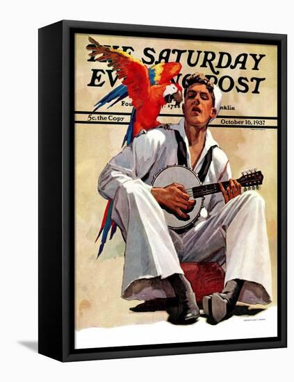 "Singing Sailor and Parrot," Saturday Evening Post Cover, October 16, 1937-John E. Sheridan-Framed Stretched Canvas