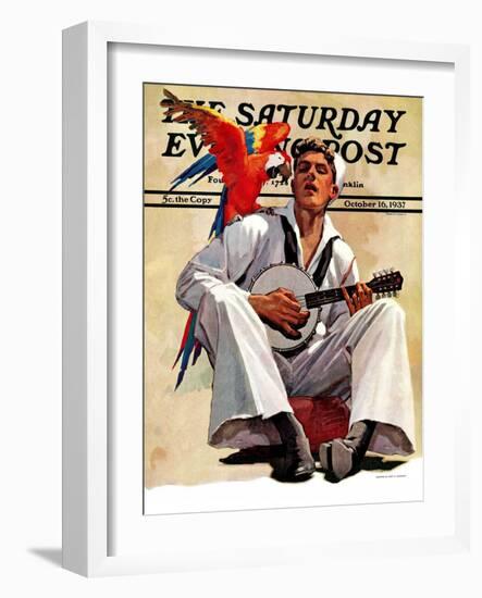 "Singing Sailor and Parrot," Saturday Evening Post Cover, October 16, 1937-John E. Sheridan-Framed Giclee Print