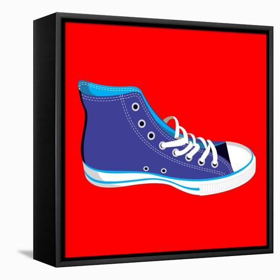 Single Blue Sneaker on Red. Available-Cienpies Design-Framed Stretched Canvas