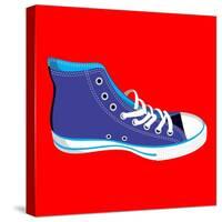 Single Blue Sneaker on Red. Available-Cienpies Design-Stretched Canvas