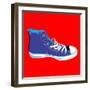 Single Blue Sneaker on Red. Available-Cienpies Design-Framed Art Print