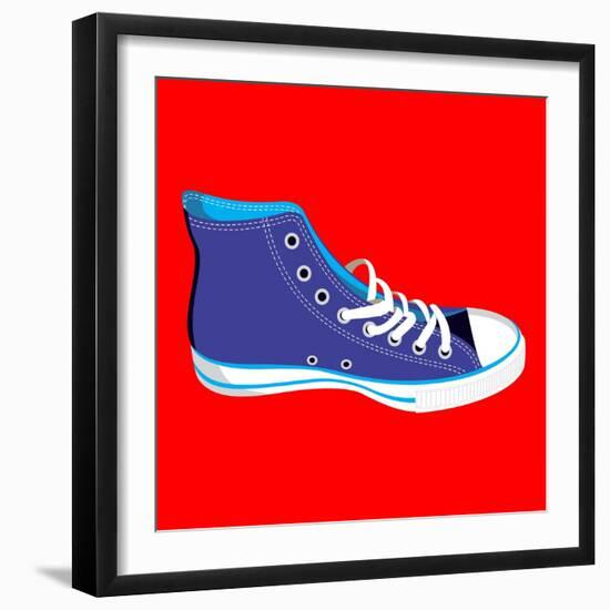 Single Blue Sneaker on Red. Available-Cienpies Design-Framed Art Print