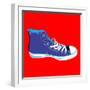 Single Blue Sneaker on Red. Available-Cienpies Design-Framed Art Print