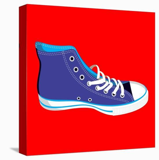 Single Blue Sneaker on Red. Available-Cienpies Design-Stretched Canvas