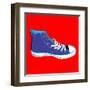 Single Blue Sneaker on Red. Available-Cienpies Design-Framed Art Print