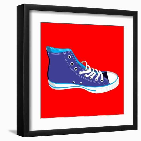 Single Blue Sneaker on Red. Available-Cienpies Design-Framed Art Print